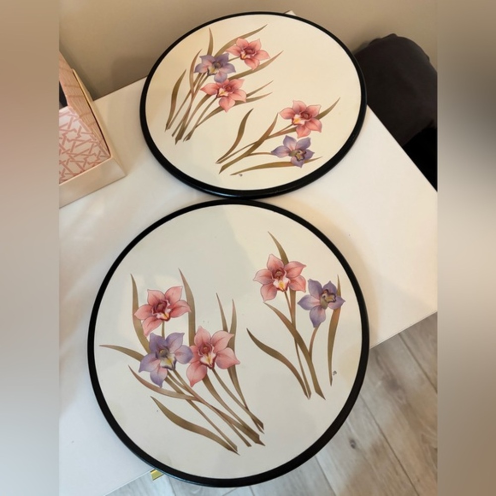 Vintage SET OF TWO Trivets Iris Flowers Round enamel cork back floral pattern